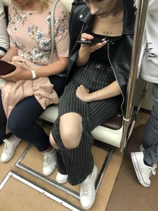 Cute Candid Girl With Ripped Pants Knees, Subway Train Creeepshot