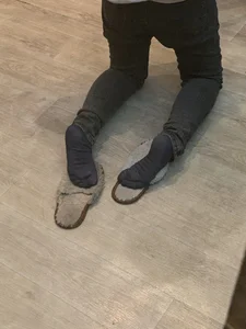 Teen Arts Student Girl Standing On Her Knees While Painting - Feet in Socks And Black Pantyhose