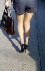 Milf in Shorts and Pantyhose on High Heels Street Candid