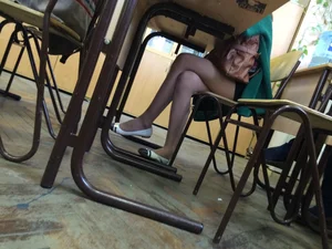 Skinny Crossed Legs under Desk College Classroom Creepshot