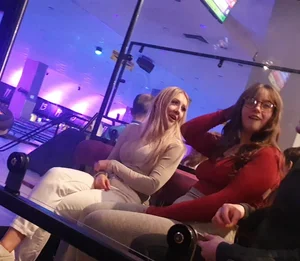 Cute Girl in Grey Tights And a Top With Braces - Huge Booty Creepshots Gallery at the Bowling Alley