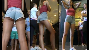 Amazingly beautiful girl in short jean shorts showing a lot of ass cheeks (2 video versions in links)