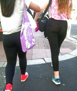 See through leggings girl with a nice ass and purple patterned panties