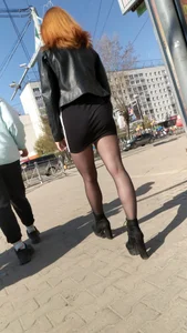 Girl on Heels in Short Skirt and Black Pantyhose Street Creepshot