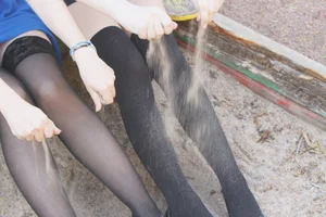 Teens in Black Stockings and Flats City Candid