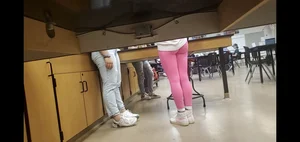 Blonde candid college teen wearing pink leggings, sneaky photos in class