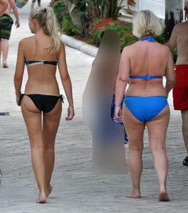 Sexy blonde bikini girl walking with mom