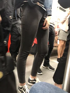 Long Skinny Legs in Black Denim - Subway Train Closeup Candid