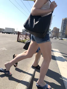 Hot Pale Legs in Denim Mini Shorts on the Crosswalk Street Creepshots Collection