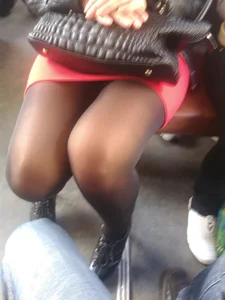 Sexy Candid Legs in Black Pantyhose and a Red Skirt Public Train Closeup Creepshot