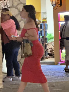 Woman in a red dress shopping, HUGE ass