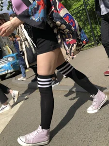 An Anime Fan Teen in a Short Skirt And Stockings Bending Over on the Crosswalk Street Creepshots