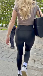 Blonde College Girl In Leggings Girl Keeps Touching Her Booty