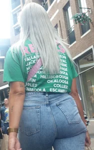 Blonde candid hottie wearing tight blue jeans, multiple closeups of her booty