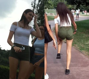 Nice slim legs and booty in tight green shorts street photo