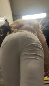 Juicy blonde in tight white jeans