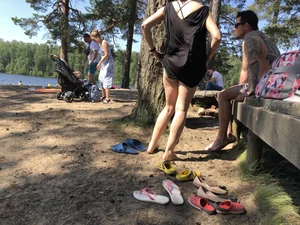 Candid Girl Putting On Swimsuit and Undressing at the Forest Lake Beach Gallery