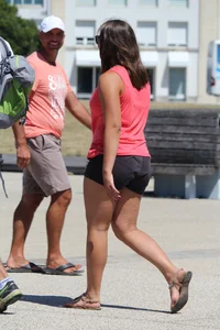 Thick girl in pink top and black shorts with vpl