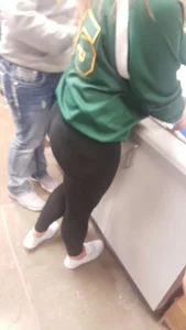 Sexy High School teen in see through leggings with visible thong and great ass