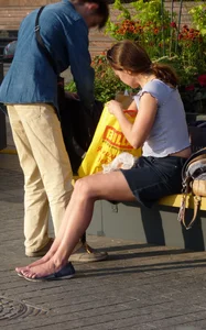 Milf Sitting on the Bench City Street Creepshot with Bare Feet and Panties Visible from under Skirt