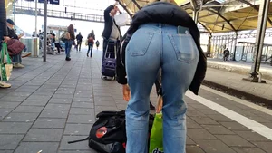 Tight Jeans at the Trainstation + Bending Over
