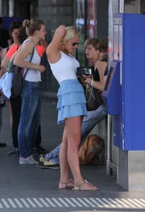 Hot blonde in blue skirt