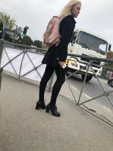 Cute Smoking Hot Blonde in High-Heeled Shoes and Tight Pants on the Crosswalk Candid Photo Collection