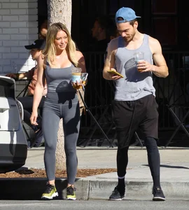 Hilary Duff in grey tights leaving Alfreds Coffee in Studio City