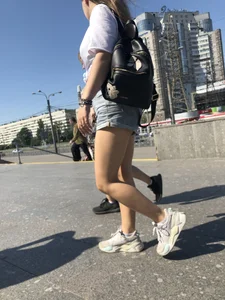 Stocky Girls in Denim Shorts on the Street Stairs Nice Legs Candid Photos