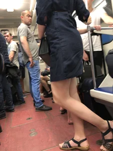 Blonde with Hot Long Legs in Sandals and a Dress Subway Train Candid