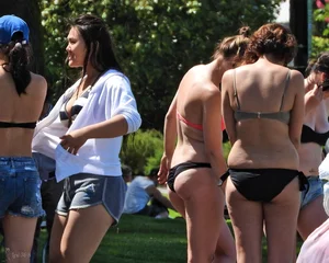 Group of sexy girls in bikinis at the beach