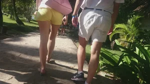 Milf in yellow shorts with vpl and a wedgie