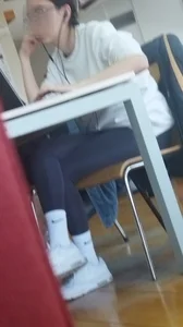 A Nerdy Candid Skinny Girl in Leggings, White Socks And Sneakers Working at the Library Creepshots