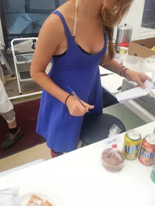 Sexy French girl with nice tits showing some cleavage and bra while working