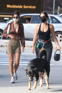 Emily Ratajkowski in mini skirt out for a walk with a friend in New York