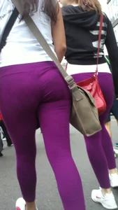 Girl out with a friend in purple leggings with a nice ass and slight vtl