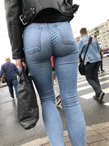 Hot Booty in Tight Jeans - Girl in Leather Jacket Street Candid