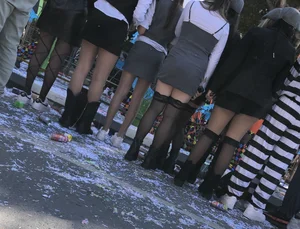 Carnival girls wearing pantyhose, spandex shorts, stockings, skirts and other outfits