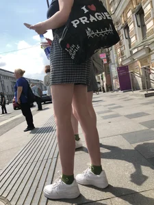 Two Teen Girls in Matching Shorts With Slim Legs on the Crosswalk Large Creepshots Gallery