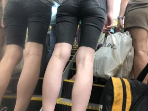 Long Skinny Legs and Hot Booty in Denim Shorts on a Subway Escalator Creepshots Series