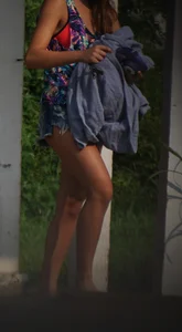 Hot teen neighbor getting ready for the beach in short shorts showing some cheek
