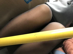Knees of a Candid Milf in Black Pantyhose Public Bus Closeup