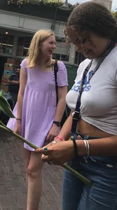 Big boobed babe with no bra and blonde friend with tiny boobs