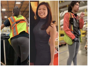 Sexy Asian Coworker Creeped and Exposed Leggings VPL