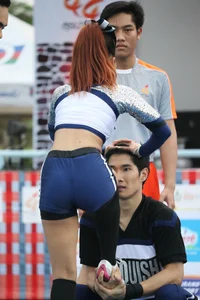 Bunch of athletic Thai cheerleaders at a competition