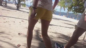 Milf in yellow shorts with vpl and a wedgie