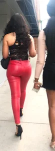 Perfect Ass in tight RED🍎 leather pants plus nice cleavage