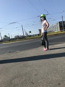 Nice candid girl wearing tight grey sweatpants, a mask and a hat