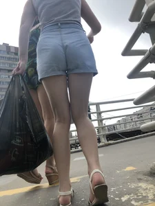 Sexy Butt And Legs in Denim Shorts - Candid Girl in Sandals Walking Up the Stairs Creepshots Gallery