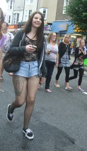 Candid cunny brunette in pantyhose and shorts showing her ass cheeks